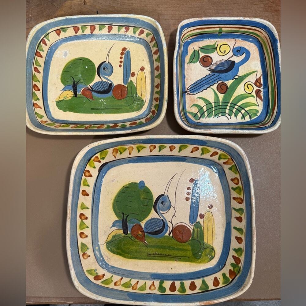 Set of 3 vintage Mexican clay pottery rectangular dishes decor nesting birds